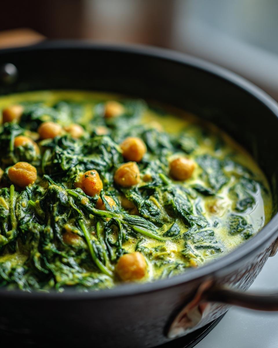 Nahaufnahme von Kichererbsen-Curry mit Spinat in einer schwarzen Pfanne. Cremig, schnell und vegetarisch.