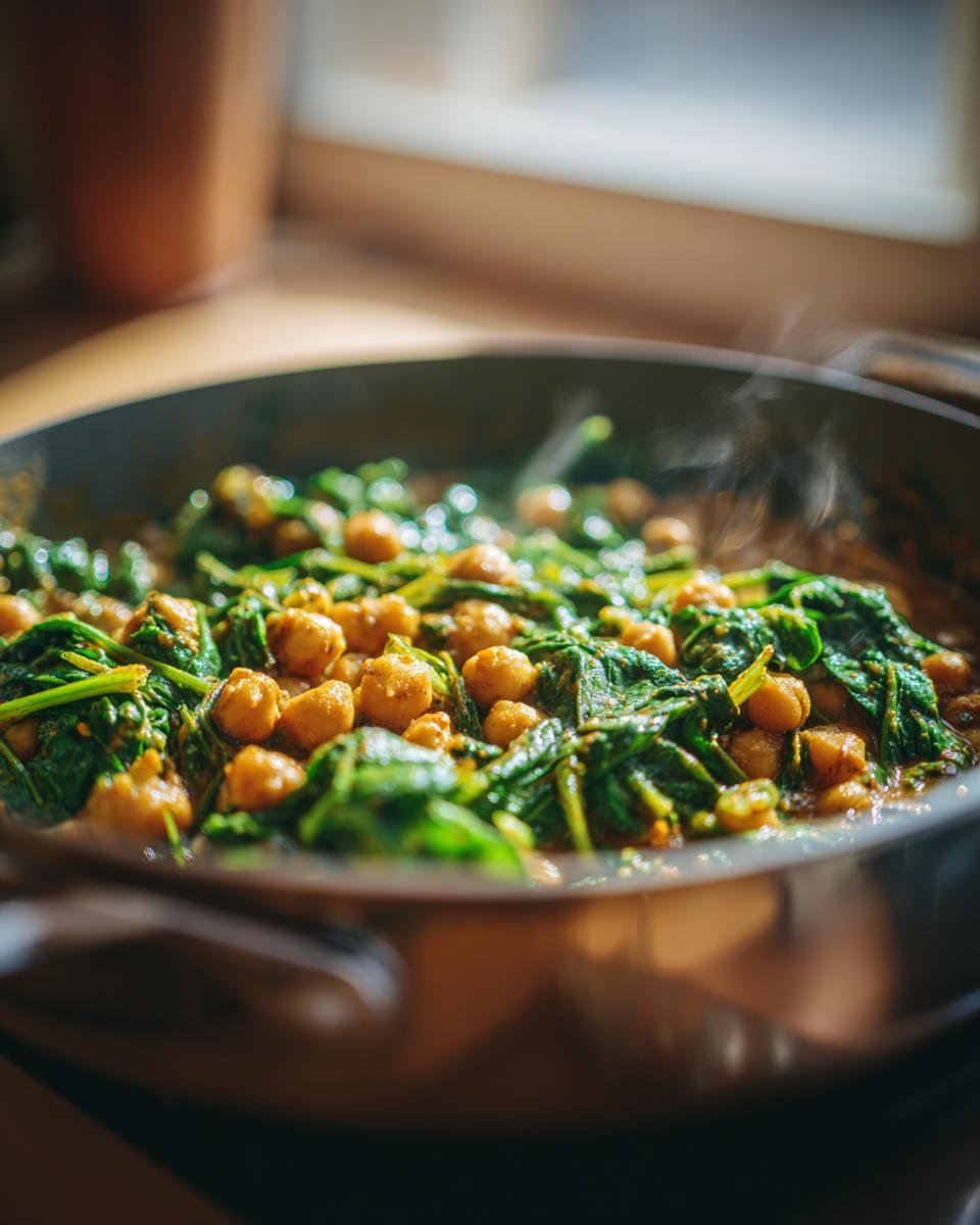 Close-up of Kichererbsen-Curry mit Spinat simmering in a pan, a creamy and vegetarian dish.