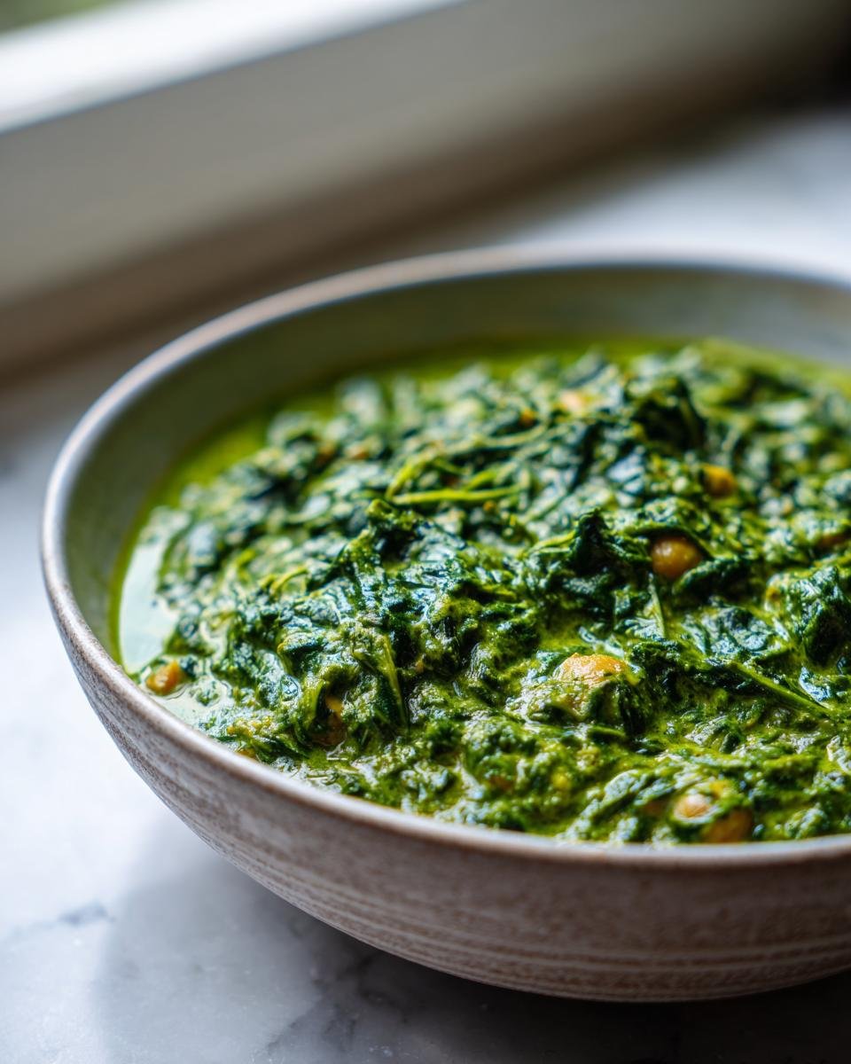Nahaufnahme von Kichererbsen-Curry mit Spinat in einer Schüssel. Cremig, schnell und vegetarisch.