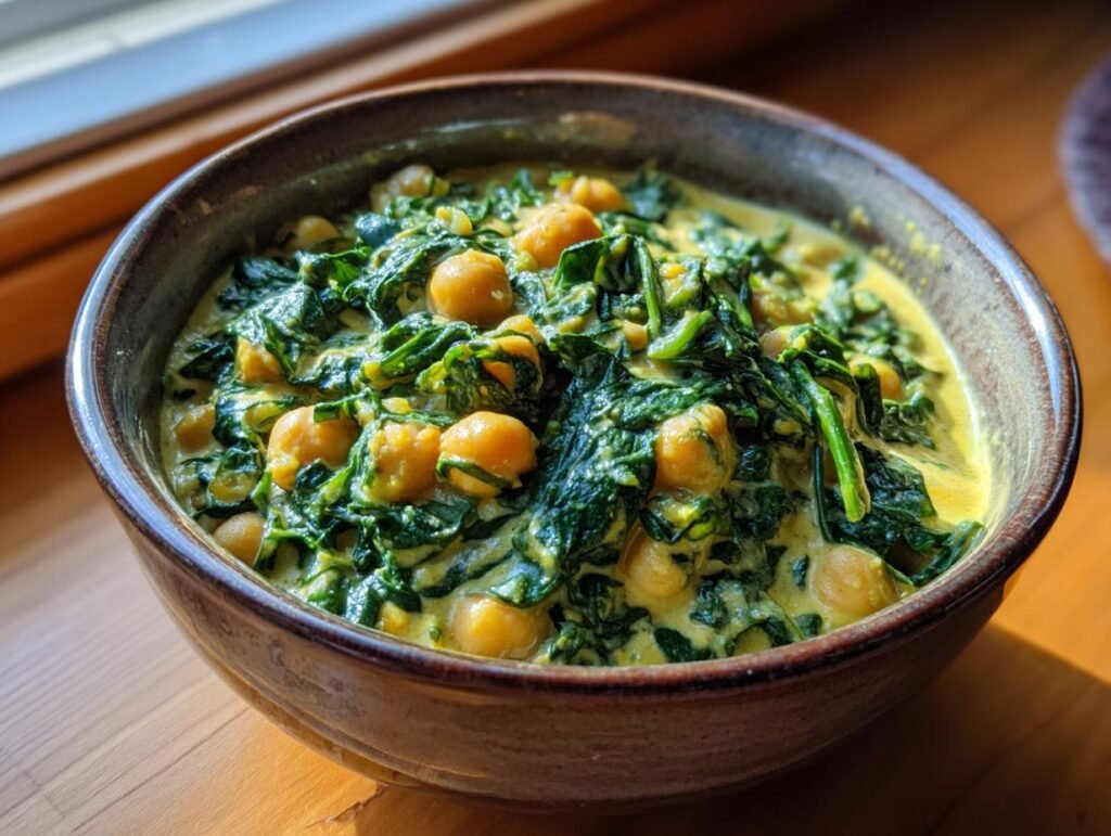 Nahaufnahme von Kichererbsen-Curry mit Spinat in einer Schüssel, cremig und vegetarisch.