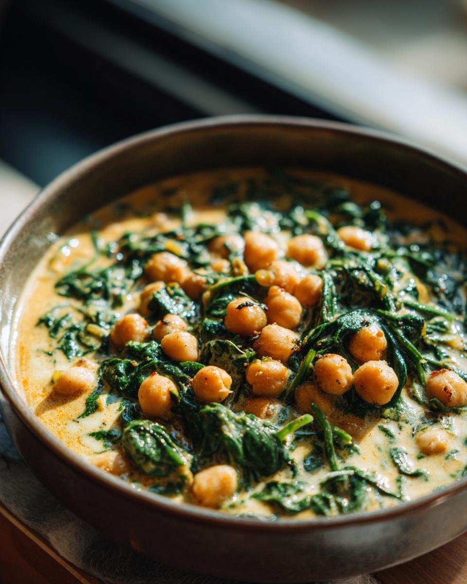 Nahaufnahme von Kichererbsen-Curry mit Spinat in einer Schüssel, ein cremiges und vegetarisches Gericht.