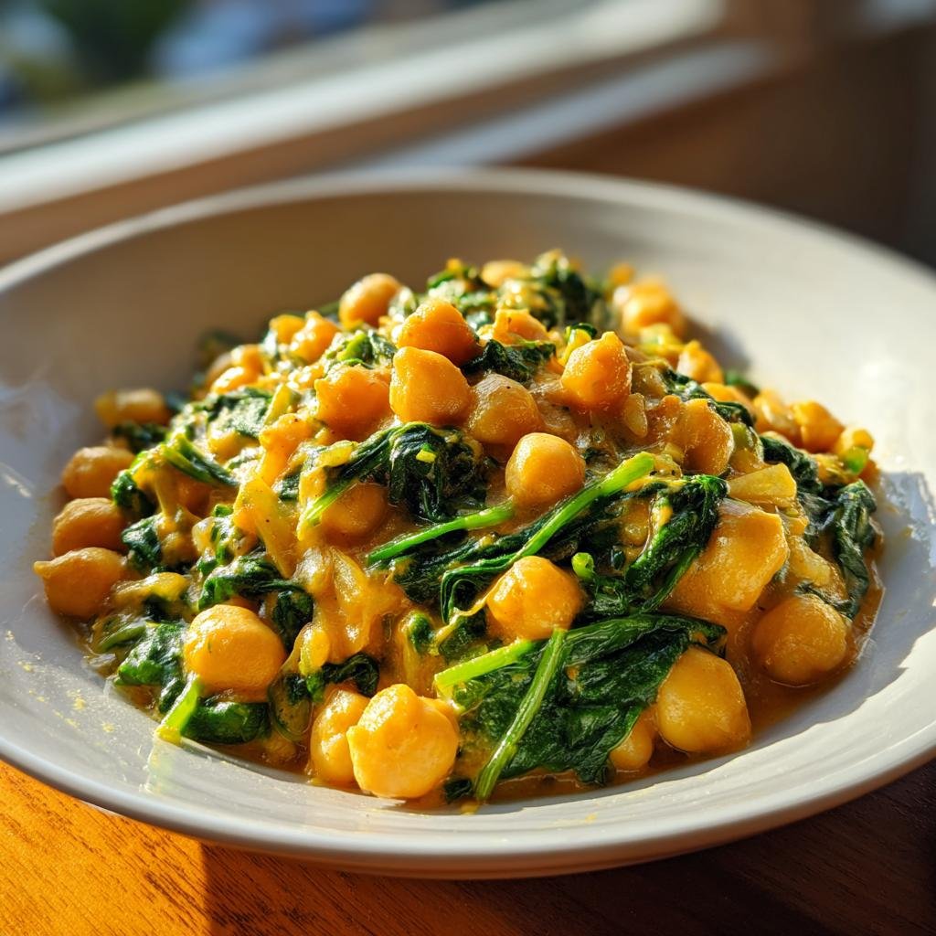 Close-up of Kichererbsen-Curry mit Spinat, a creamy, vegetarian dish with chickpeas and spinach.
