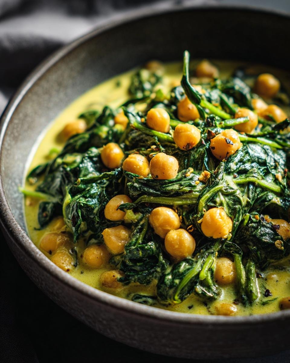 Close-up of Kichererbsen-Spinat-Curry in a bowl, showcasing chickpeas, spinach, and creamy curry sauce.