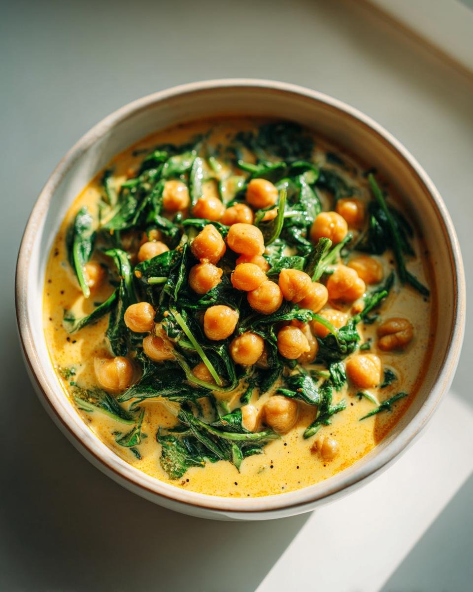 Bowl of Kichererbsen-Spinat-Curry: a vibrant dish with chickpeas and spinach in a creamy curry sauce.