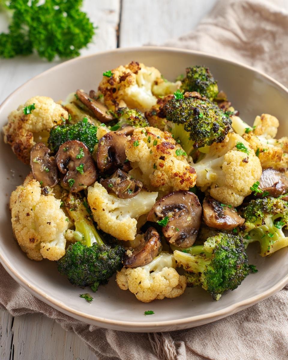 Nahaufnahme einer Schüssel mit Knoblauch-Blumenkohl-Pilz-Pfanne, garniert mit Petersilie.
