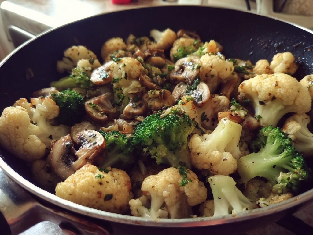 Knoblauch-Blumenkohl-Pilz-Pfanne frisch zubereitet in einer Bratpfanne, mit Blumenkohl, Pilzen und Broccoli.