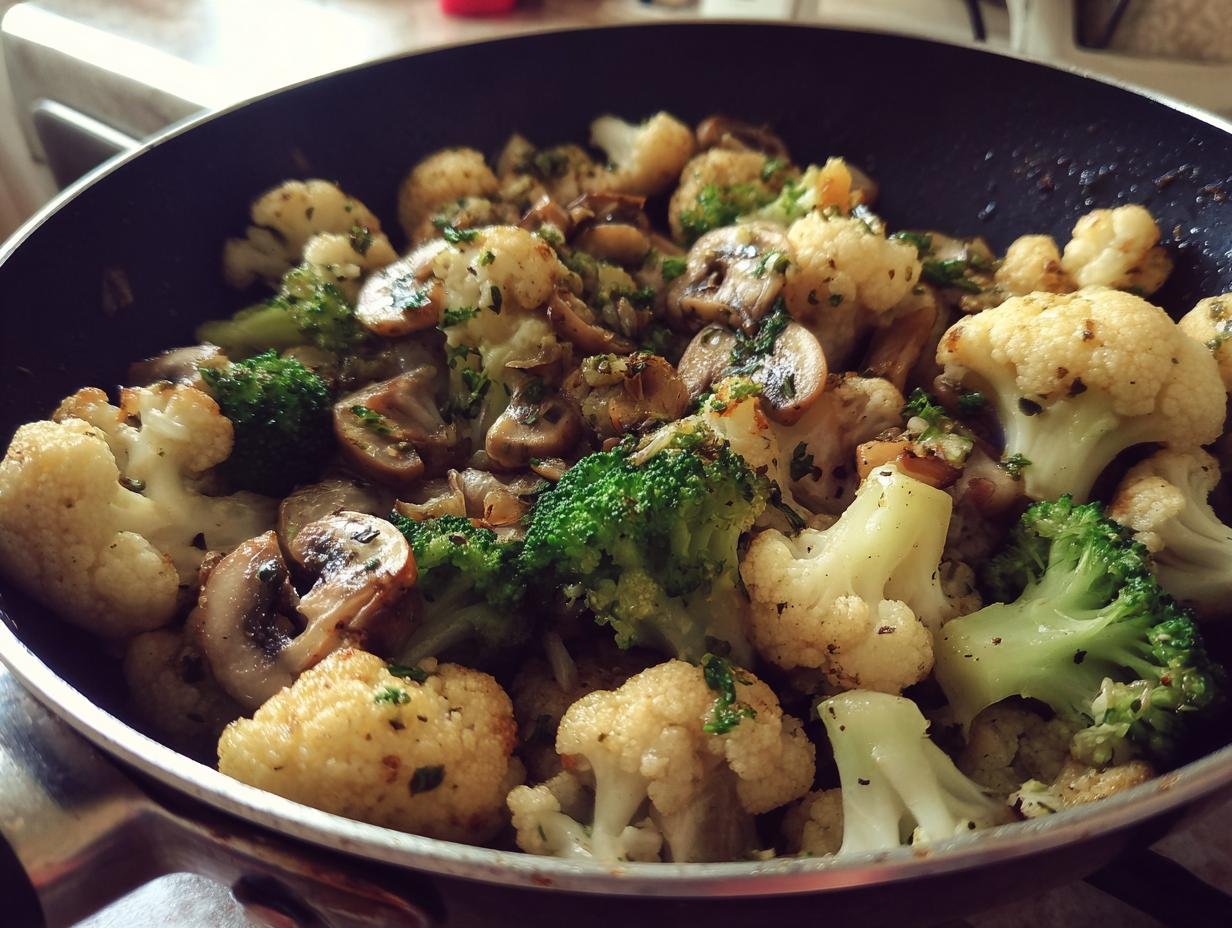 Knoblauch-Blumenkohl-Pilz-Pfanne frisch zubereitet in einer Bratpfanne, mit Blumenkohl, Pilzen und Broccoli.