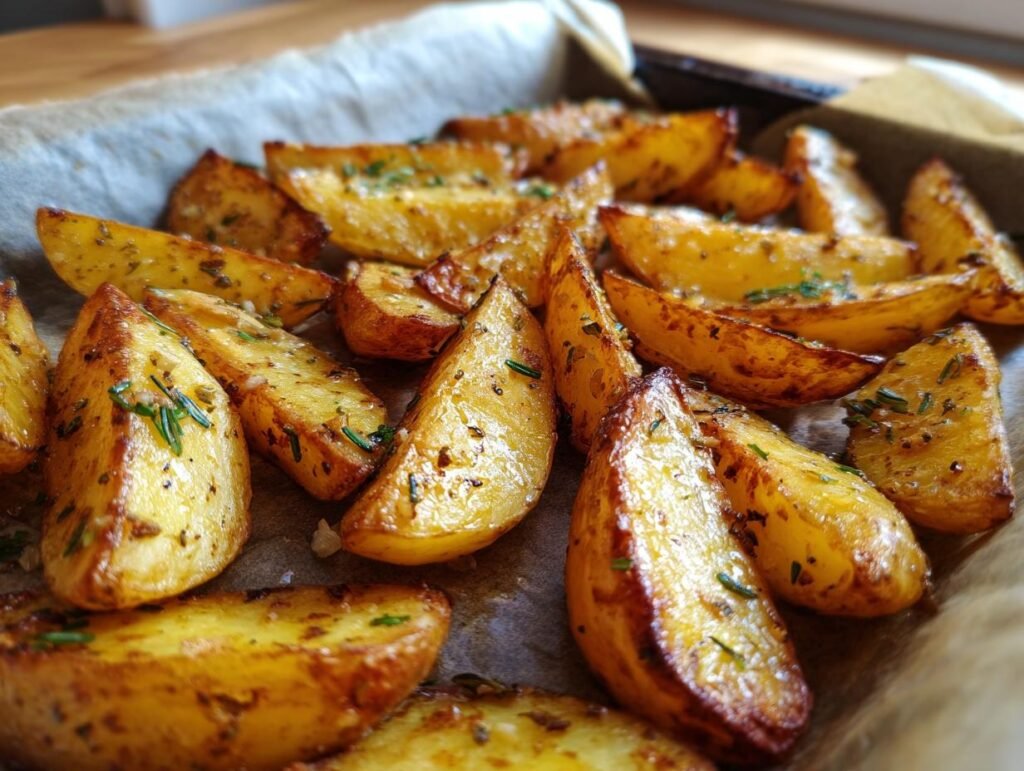 Close-up of golden Knoblauch-Kräuter Ofenkartoffeln (garlic herb baked potatoes) on a parchment-lined baking sheet.