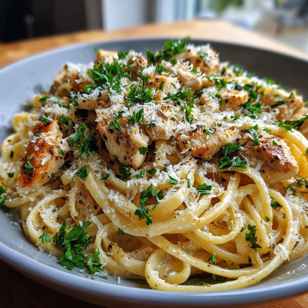 Close-up of Knoblauch-Parmesan-Hähnchen-Pasta with creamy sauce, grilled chicken, Parmesan, and parsley.