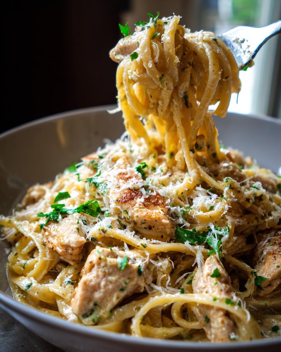Close-up of Knoblauch-Parmesan-Hähnchen-Pasta with chicken, parmesan, and parsley.