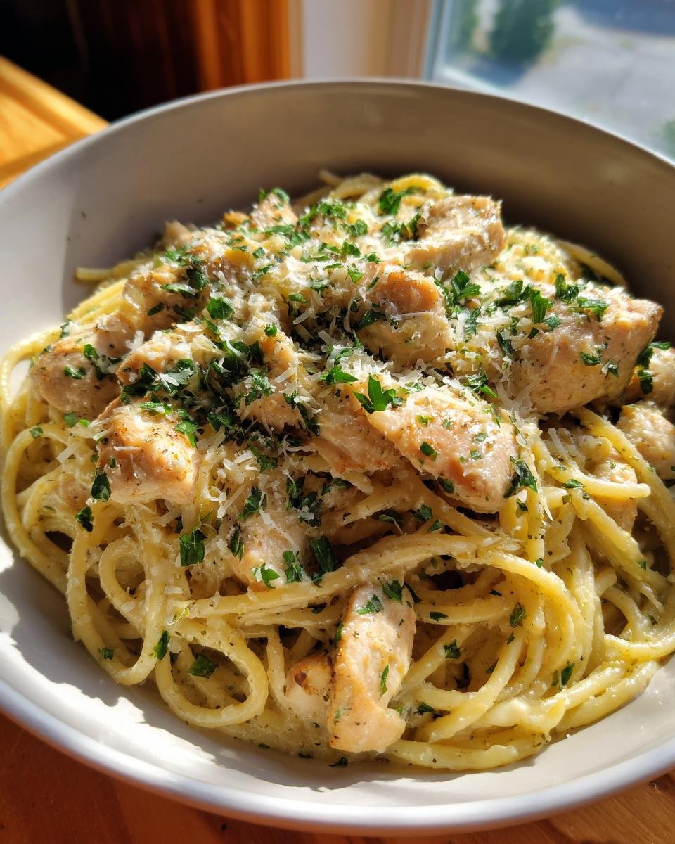 Nahaufnahme von Knoblauch-Parmesan-Hähnchen-Pasta, garniert mit Petersilie in einer Schüssel.