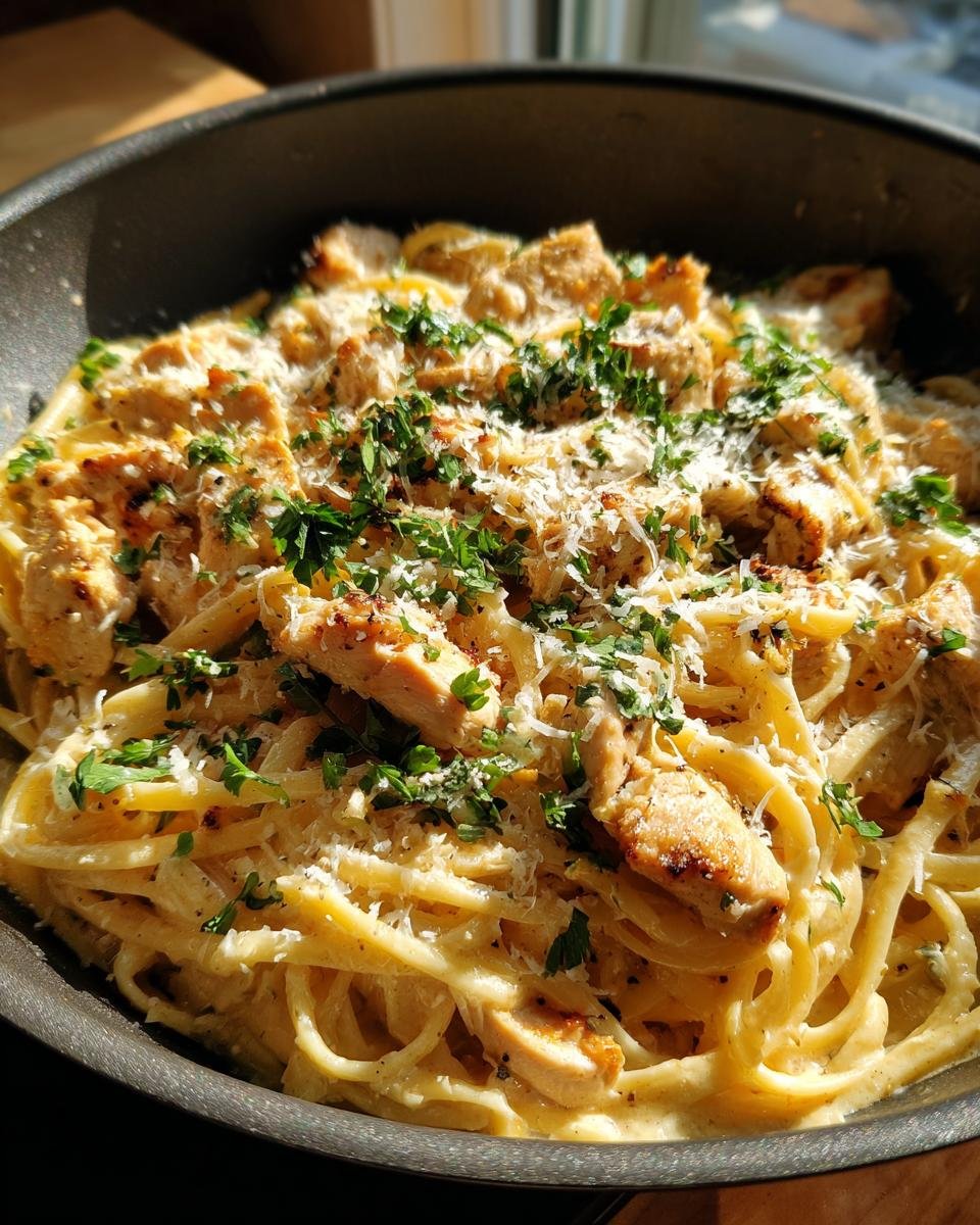 Close-up of Knoblauch-Parmesan-Hähnchen-Pasta in a pan, garnished with parsley and parmesan cheese.