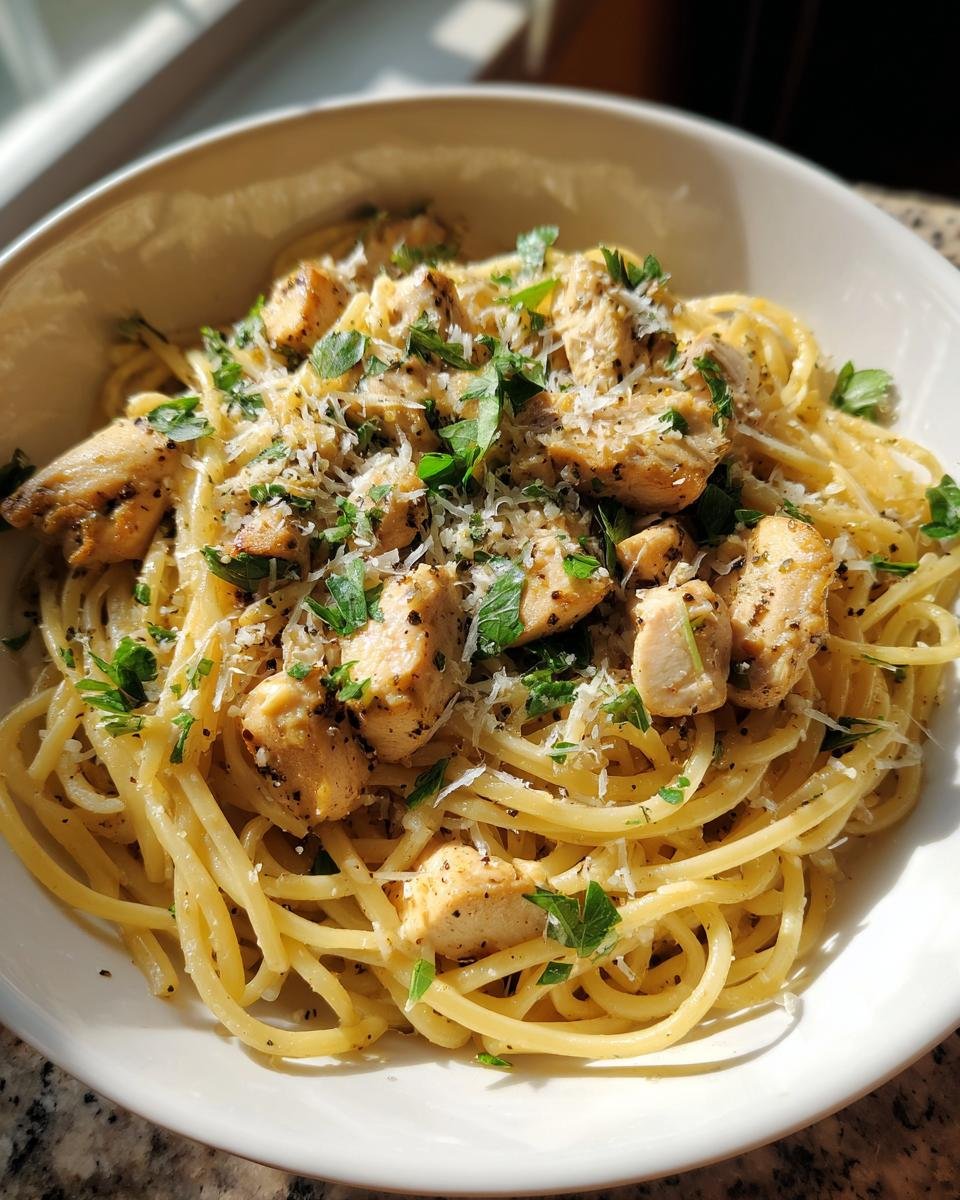 Nahaufnahme von Knoblauch-Parmesan-Hähnchen-Pasta in einer weißen Schüssel, garniert mit Petersilie.