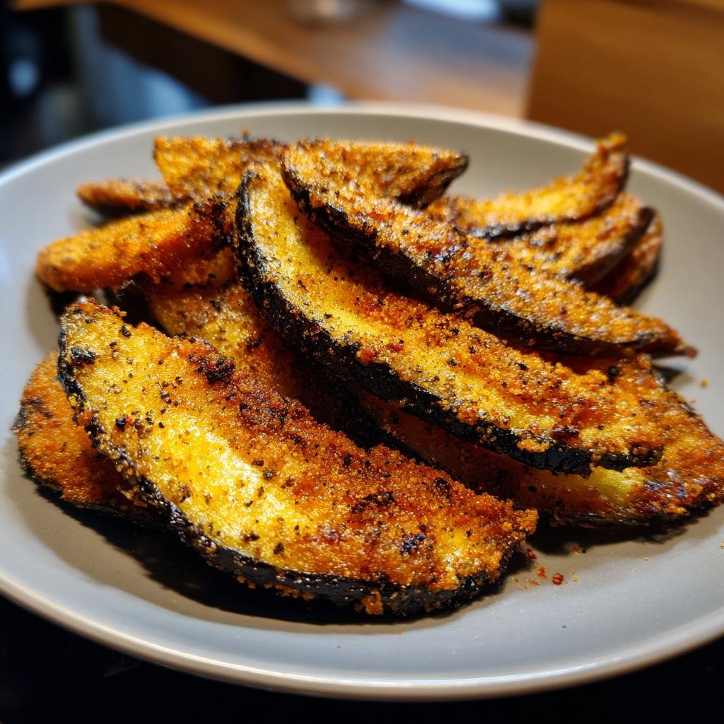 Close-up of Knusprige Auberginen-Chips mit Paprika on a gray plate, showing the crispy texture and seasoning.