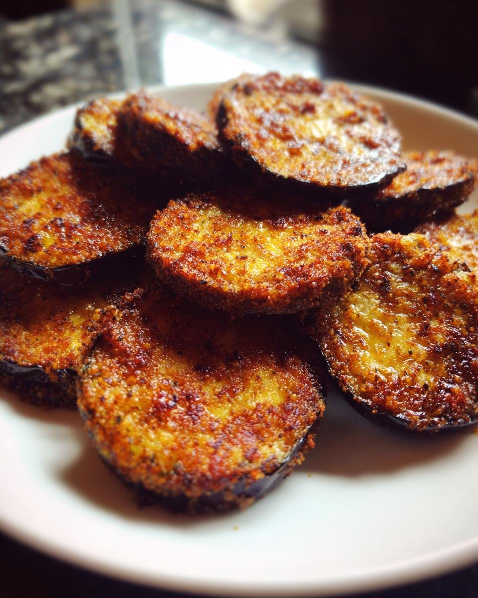 Pile of Knusprige Auberginen-Chips mit Paprika on a white plate, golden brown and crispy.