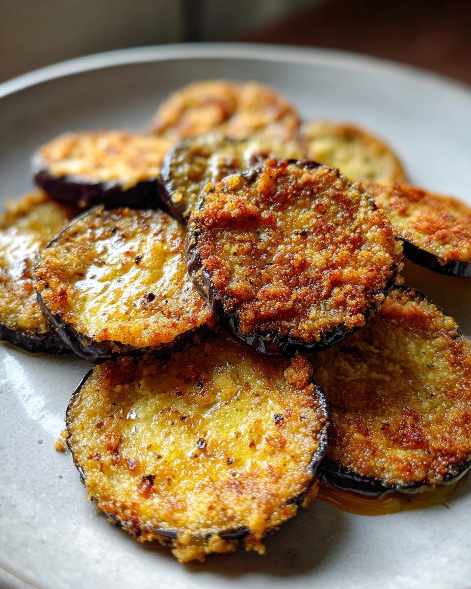 Close-up of Knusprige Auberginen-Chips mit Paprika, showing crispy texture and seasoning on a plate.