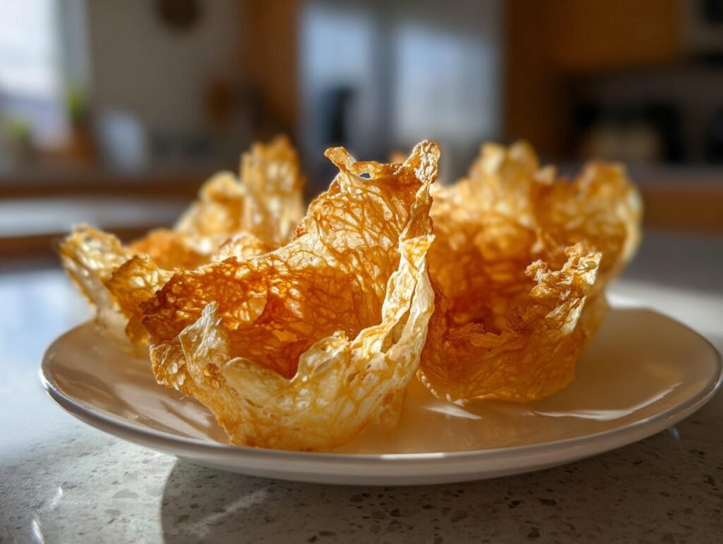 Nahaufnahme von knusprigen Hüttenkäse-Chips auf einem weißen Teller, die goldbraun und appetitlich aussehen.