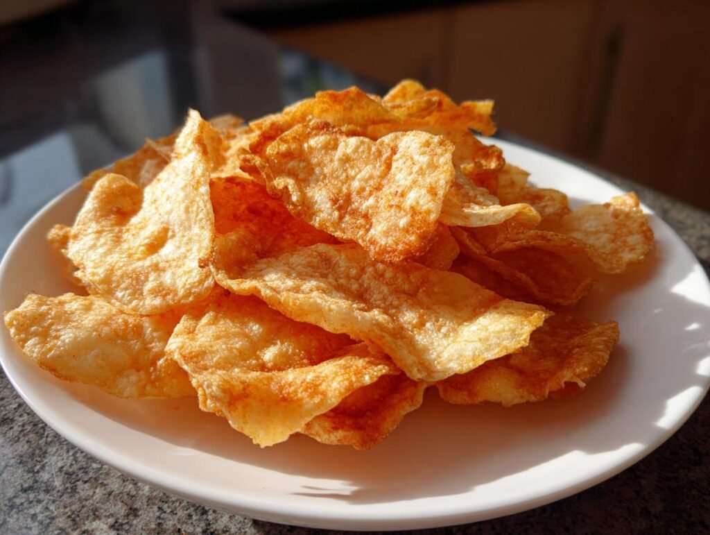 Nahaufnahme von knusprigen Hüttenkäse-Chips auf einem weißen Teller, bereit zum Servieren.