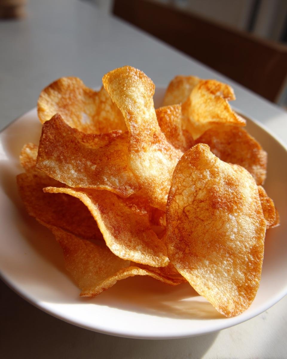 Close-up of golden Knusprige Hüttenkäse-Chips (cottage cheese chips) piled on a white plate.