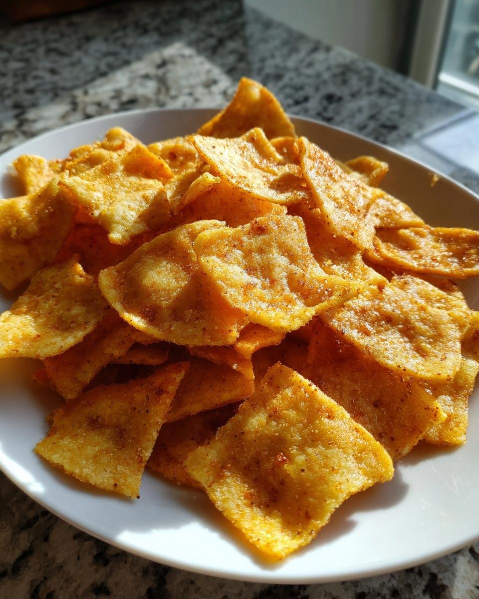 Nahaufnahme von knusprigen Hüttenkäse-Chips auf einem weißen Teller, beleuchtet durch natürliches Licht.