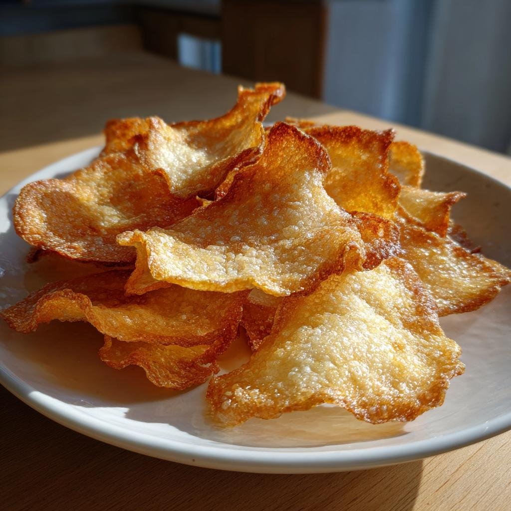 Close-up of golden Knusprige Hüttenkäse-Chips (crispy cottage cheese chips) piled on a white plate.