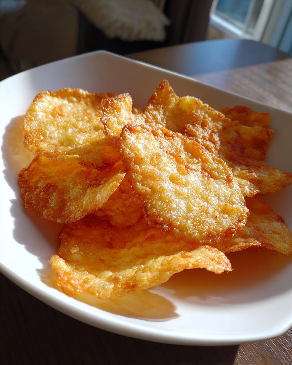 Nahaufnahme von knusprigen Hüttenkäse-Chips in einer weißen Schale, die einen gesunden Snack darstellen.