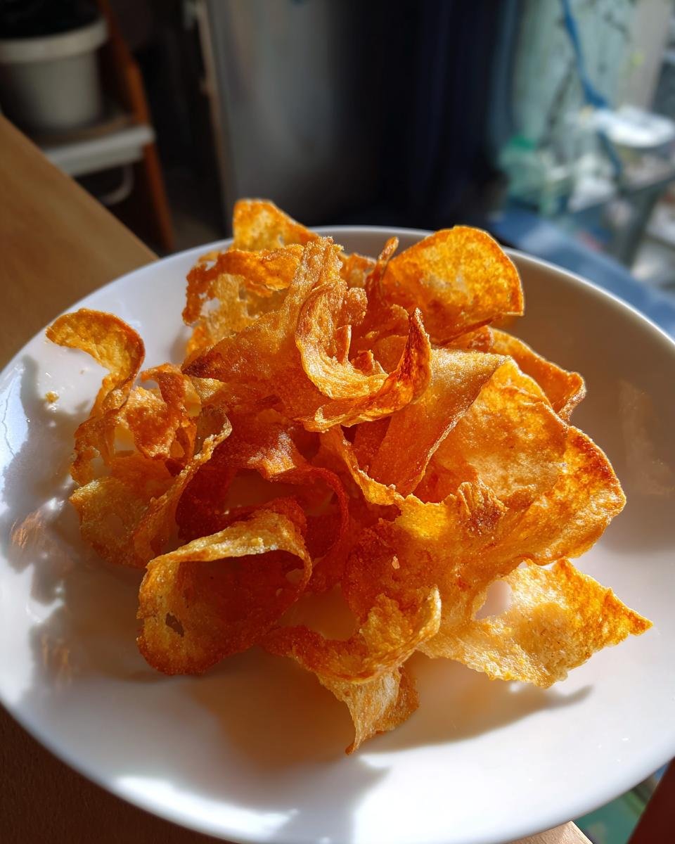 Nahaufnahme von knusprigen Hüttenkäse-Chips auf einem weißen Teller, bereit zum Servieren.