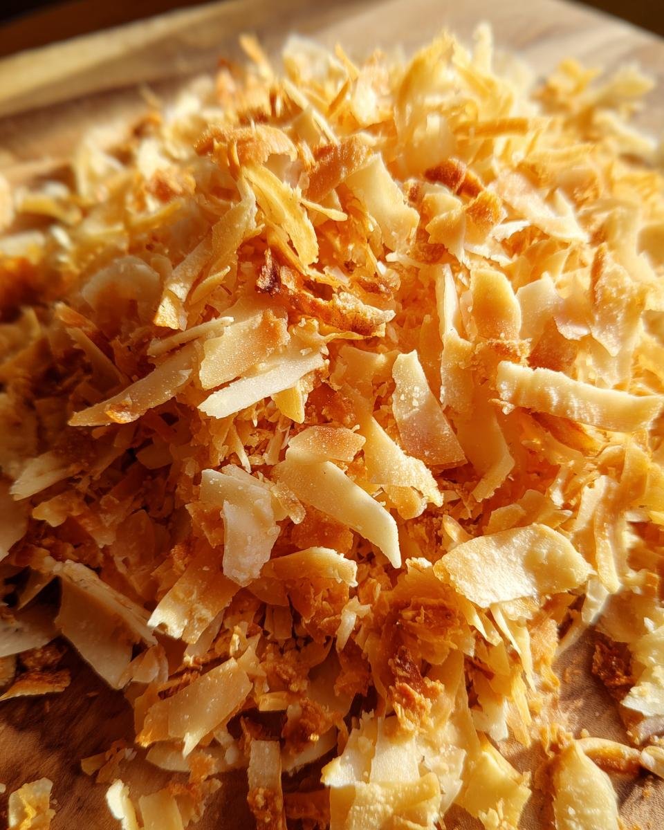 Nahaufnahme von gerösteten, knusprigen Kokoschips. Ideal als einfacher und gesunder Snack.