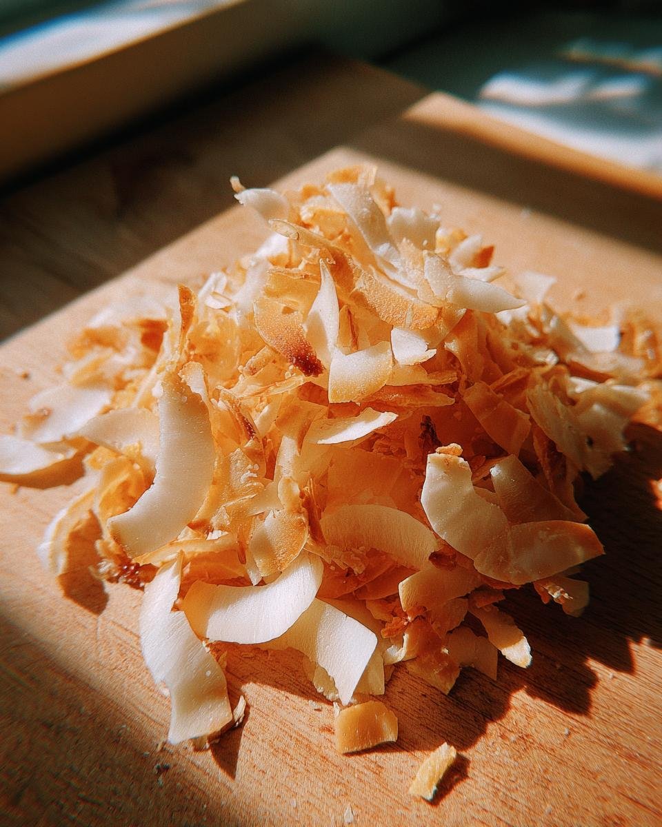 Nahaufnahme von knusprige Kokoschips geröstet auf einem Holzbrett, beleuchtet von natürlichem Licht.