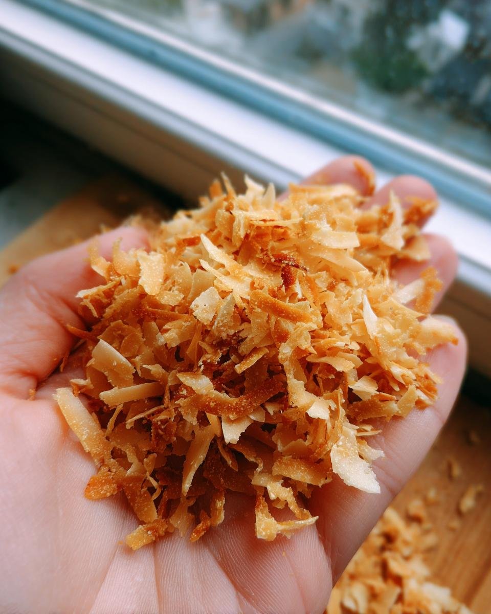 Close-up of a hand holding a pile of Knusprige Kokoschips geröstet, showcasing their golden-brown color.