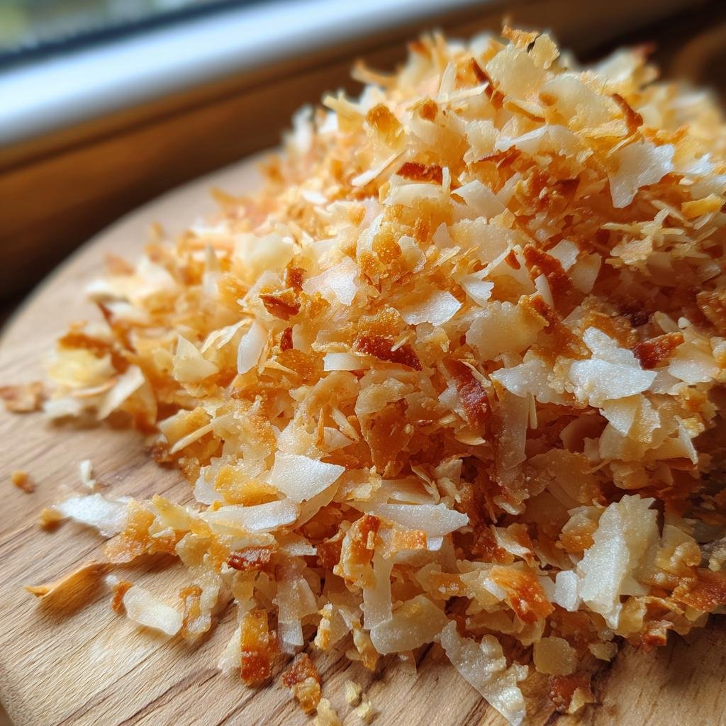 Nahaufnahme von gerösteten Knusprige Kokoschips auf einem Holzbrett, goldbraun und lecker.