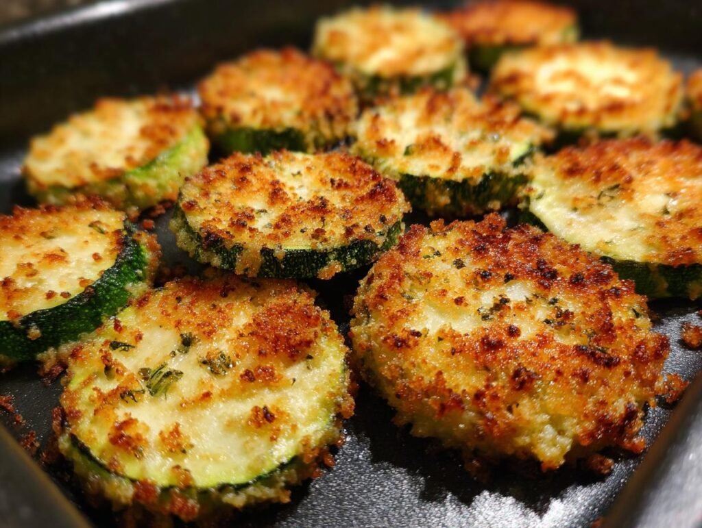 Nahaufnahme von knusprigen Zucchini-Chips aus dem Ofen, goldbraun und appetitlich.