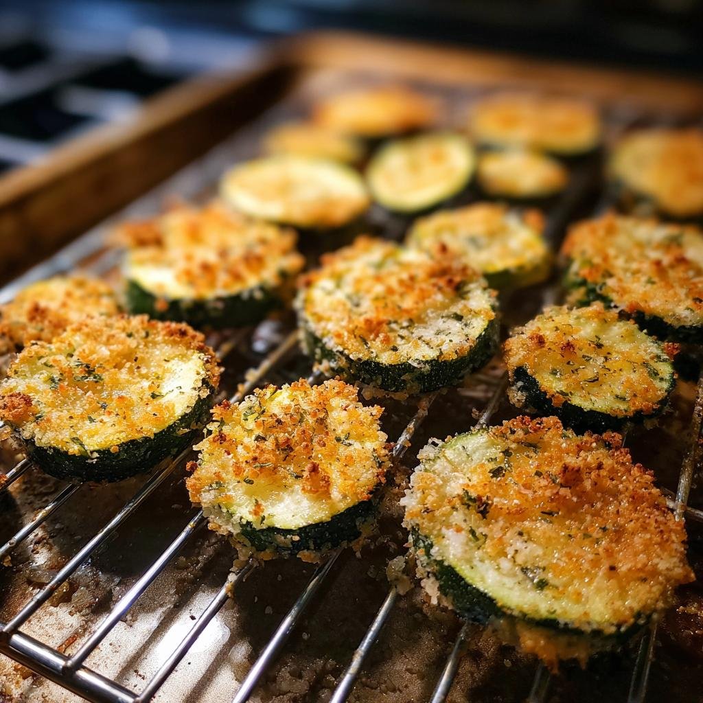 Close-up of Knusprige Zucchini-Chips aus dem Ofen on a baking rack, golden and crispy.