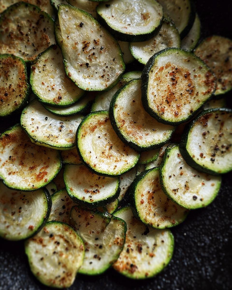 Nahaufnahme von knusprige Zucchini-Chips aus dem Ofen, gewürzt und goldbraun gebacken.