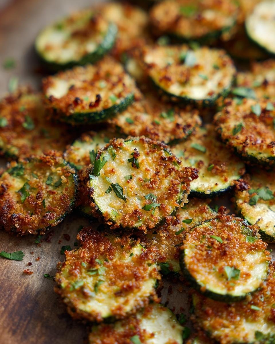Close-up of Knusprige Zucchini-Chips aus dem Ofen, garnished with fresh herbs on a wooden surface.