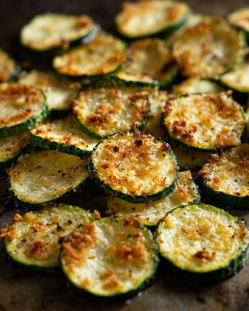 Close-up of Knusprige Zucchini-Chips aus dem Ofen, baked and golden brown with seasoning.