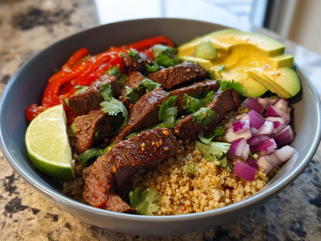 Nahaufnahme einer Koriander-Limetten-Steak-Bowl mit Steak, Quinoa, Avocado und Gemüse.