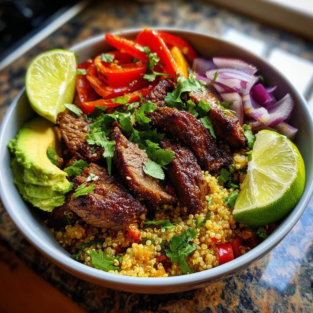 Close-up of Koriander-Limetten-Steak-Bowls with quinoa, steak, peppers, avocado, lime, and cilantro.
