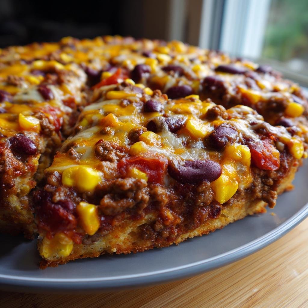A slice of Krustenloser Taco-Kuchen, a crustless taco cake with beef, beans, corn, and melted cheese.