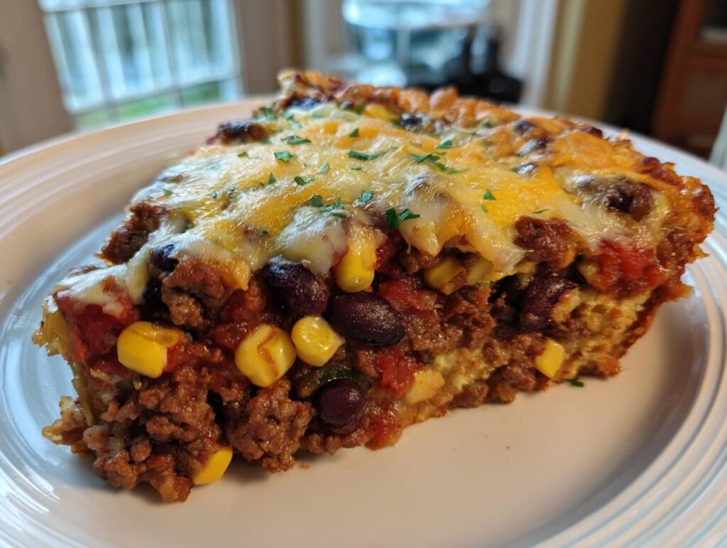A slice of Krustenloser Taco-Kuchen with layers of meat, beans, corn, and melted cheese.