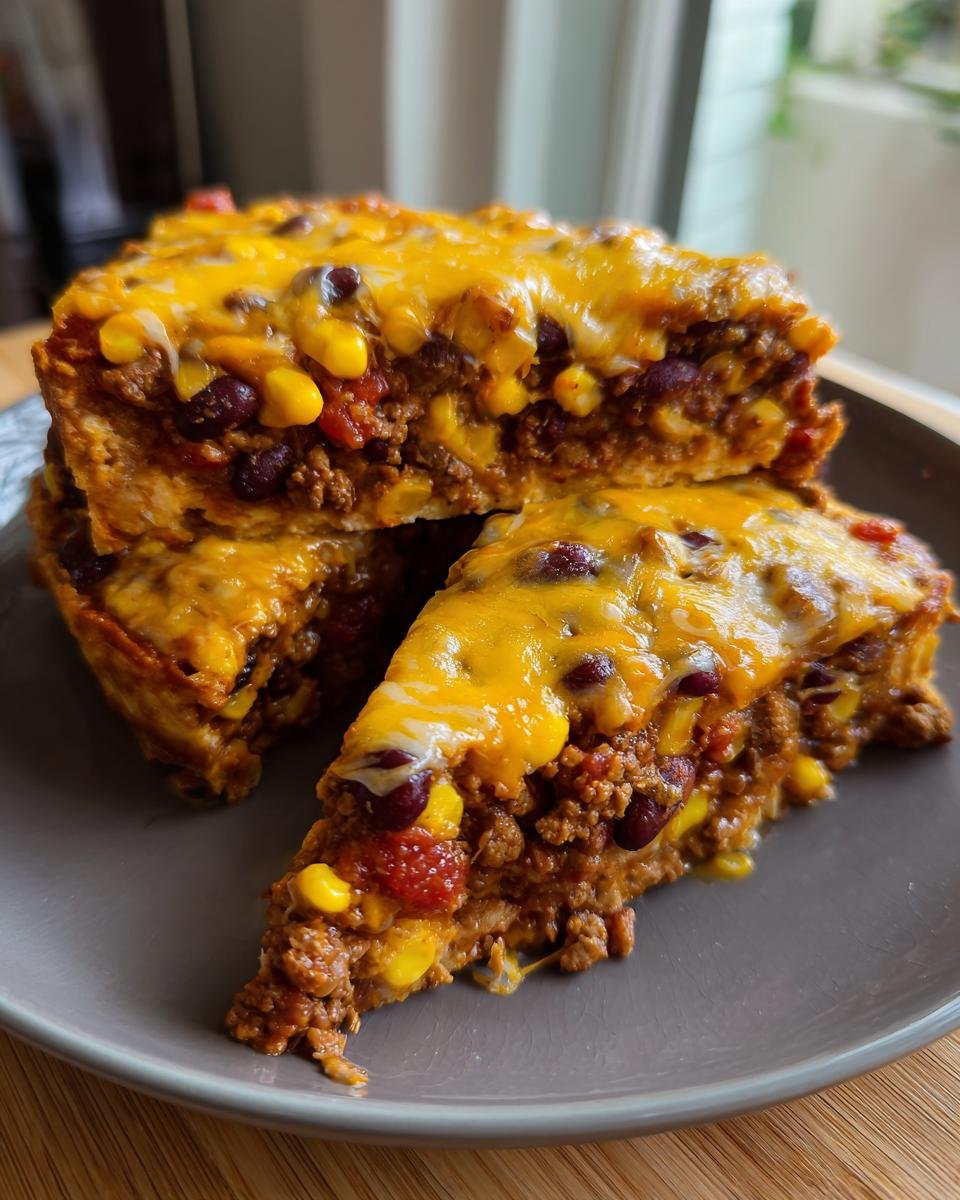 A slice of Krustenloser Taco-Kuchen, a crustless taco cake, featuring layers of meat, beans, corn, and melted cheese.