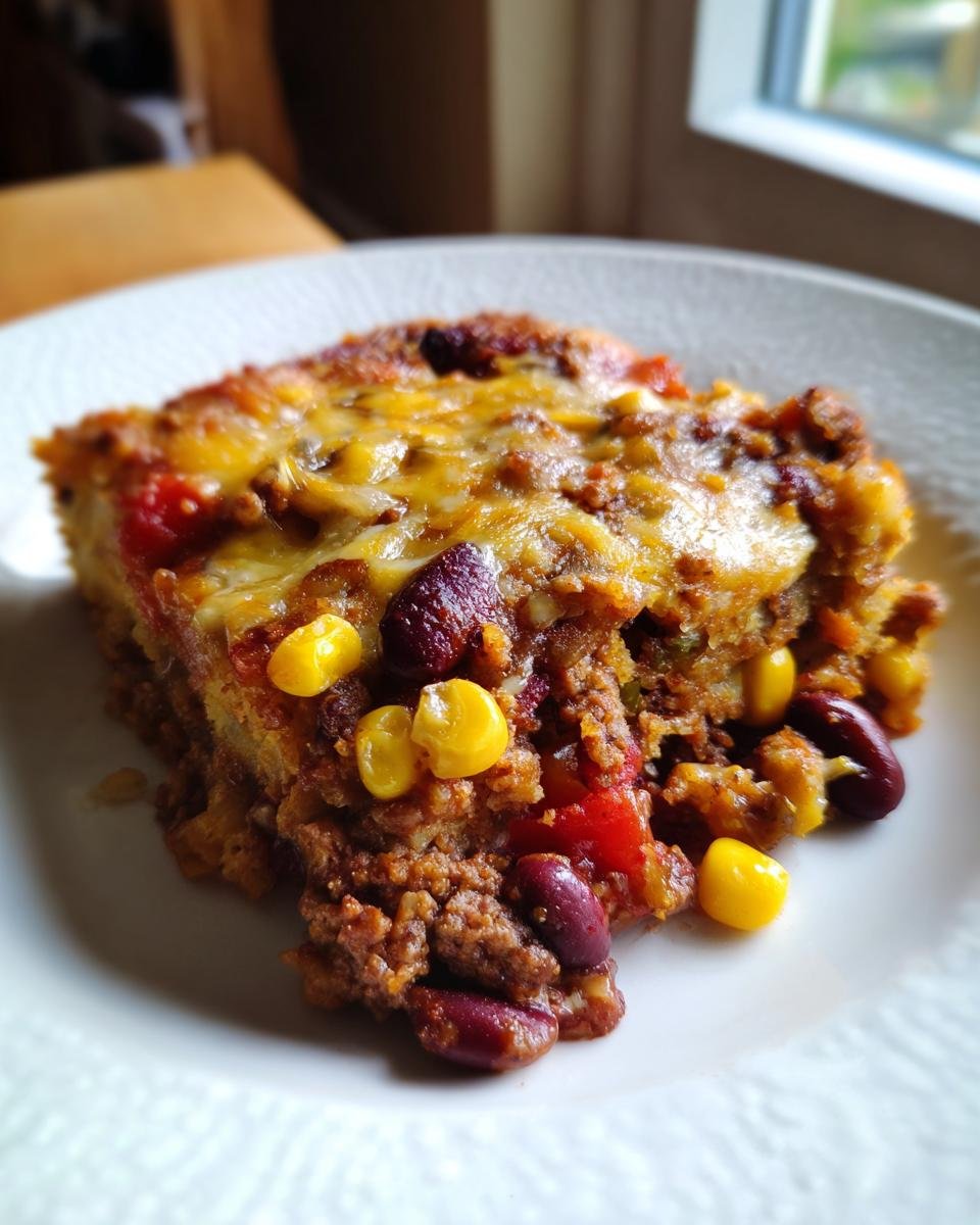 A slice of Krustenloser Taco-Kuchen (crustless taco cake) on a white plate, featuring corn, beans, and cheese.