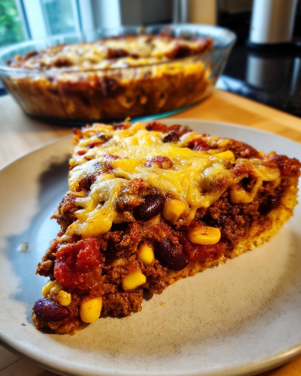 A slice of Krustenloser Taco-Kuchen with ground beef, beans, corn, tomatoes, and melted cheese on a plate.