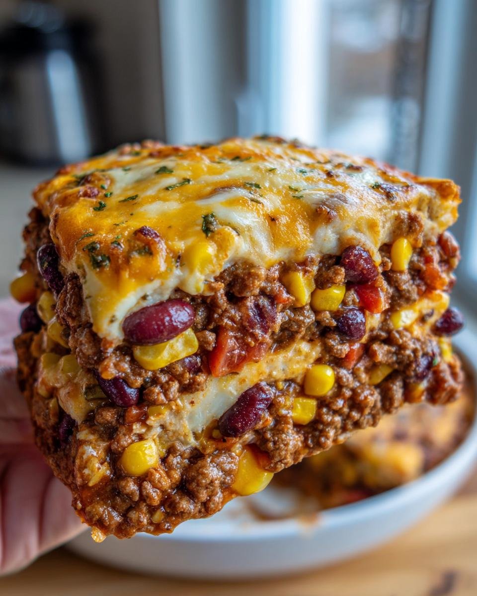 A slice of Krustenloser Taco-Kuchen, a crustless taco cake, showing layers of beef, corn, beans, and melted cheese.