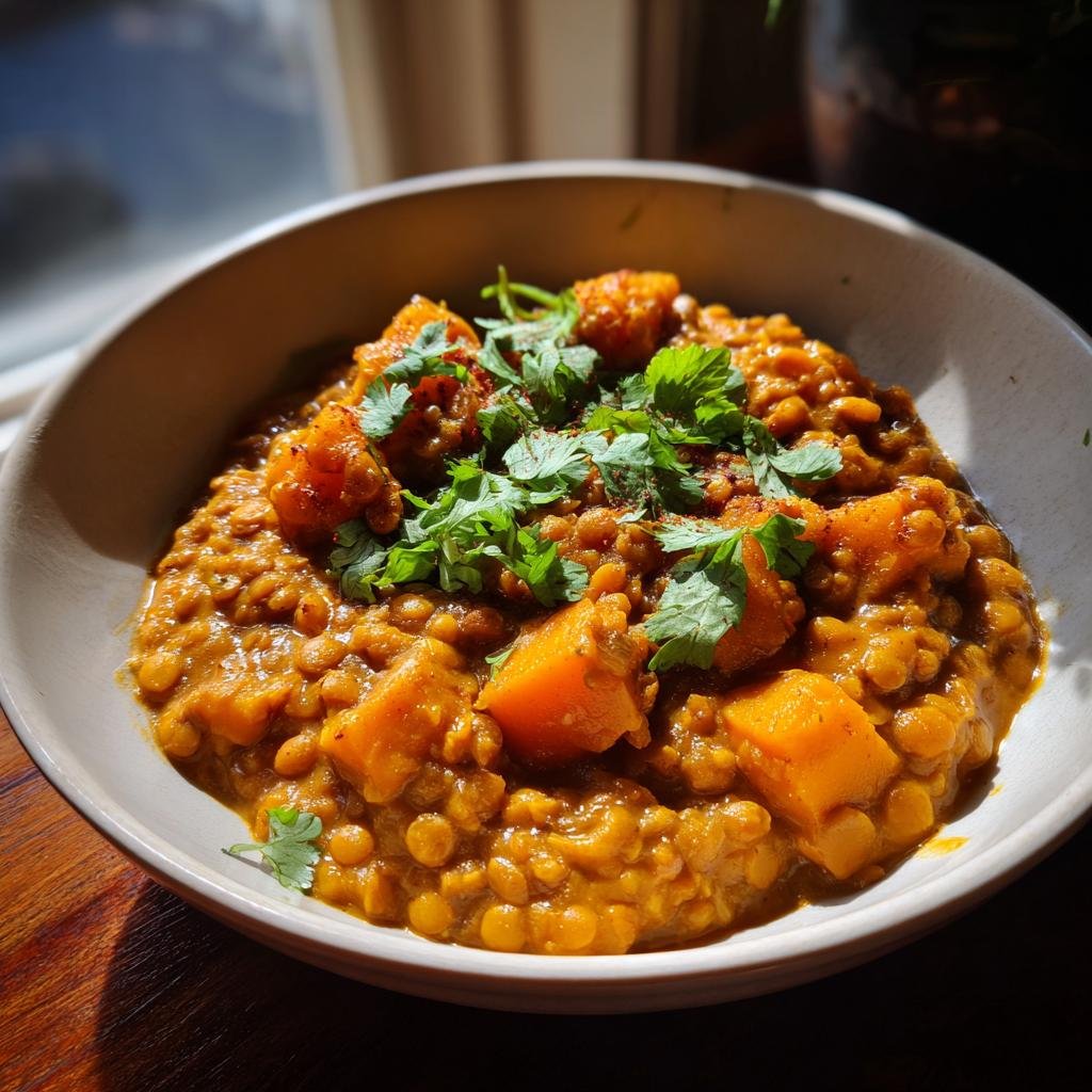 Bowl of Kürbis-Linsen-Kokos-Curry, garnished with fresh cilantro. Creamy, warming, and delicious!
