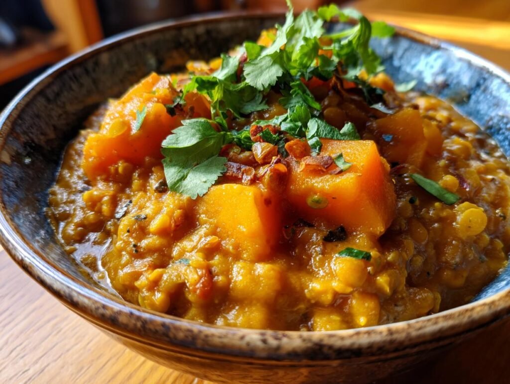 Close-up of a bowl of Kürbis-Linsen-Kokos-Curry garnished with fresh cilantro.