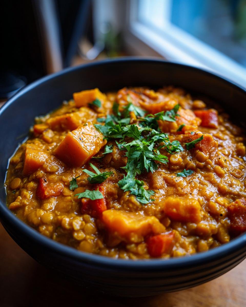 A bowl of Kürbis-Linsen-Kokos-Curry, garnished with fresh herbs, ready to eat.