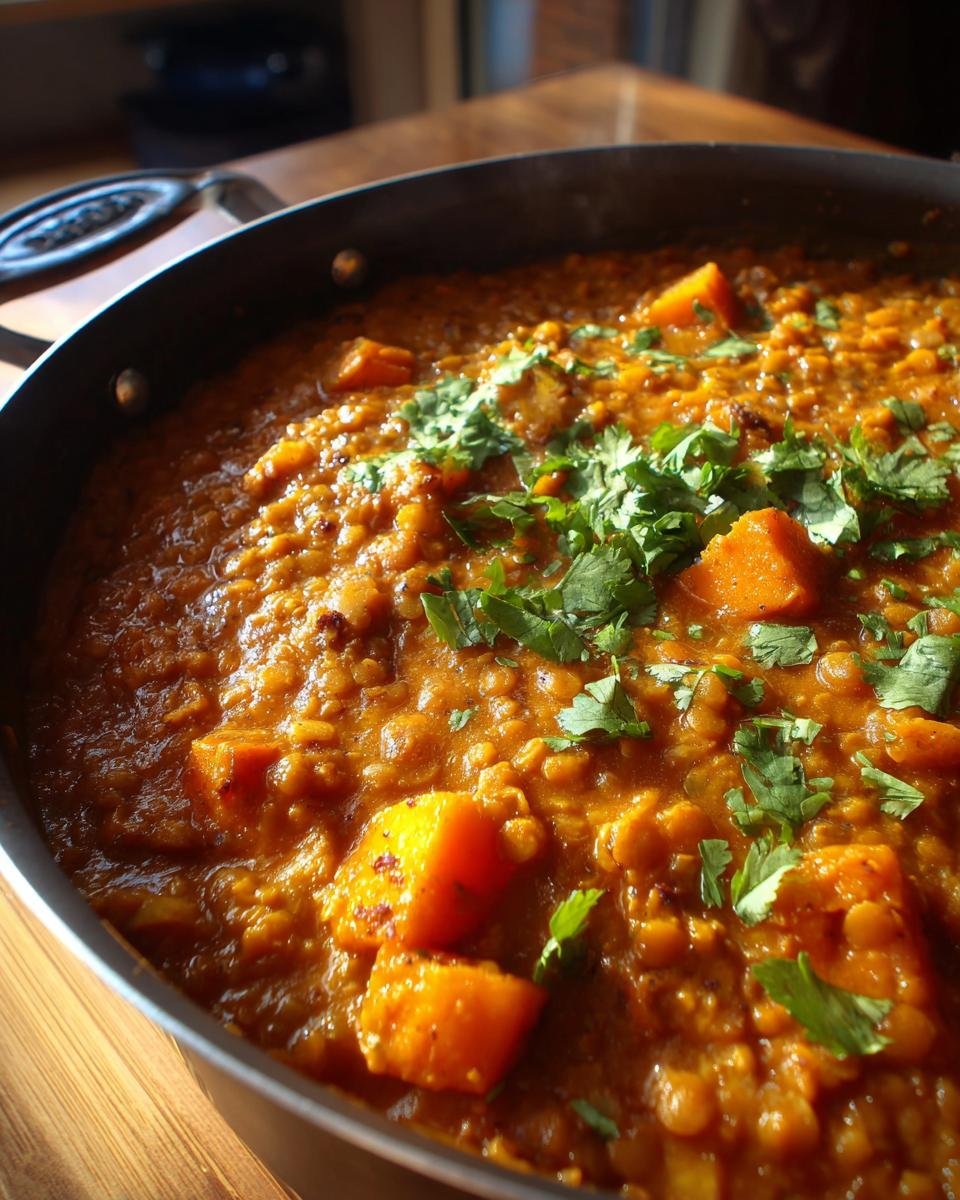 Nahaufnahme von Kürbis-Linsen-Kokos-Curry in einer Pfanne, garniert mit frischem Koriander.