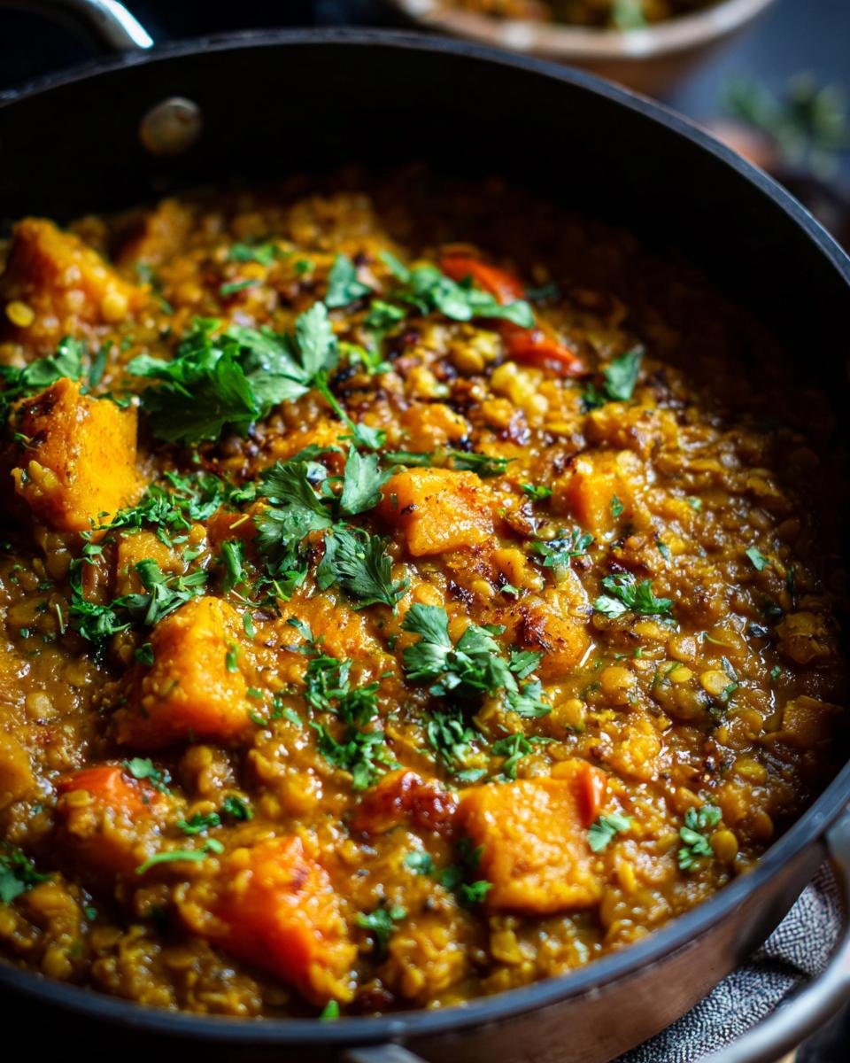 Nahaufnahme von Kürbis-Linsen-Kokos-Curry im Topf, garniert mit frischer Petersilie.