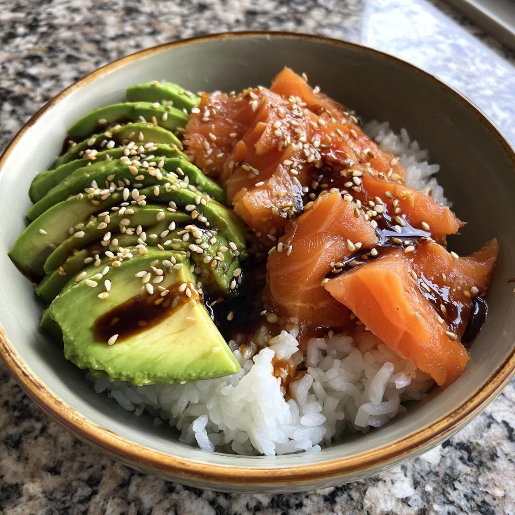 Close-up of Lachs-Avocado-Bowl mit Sesam: Schnell & Gesund, featuring salmon, avocado, rice, sesame seeds, and sauce.